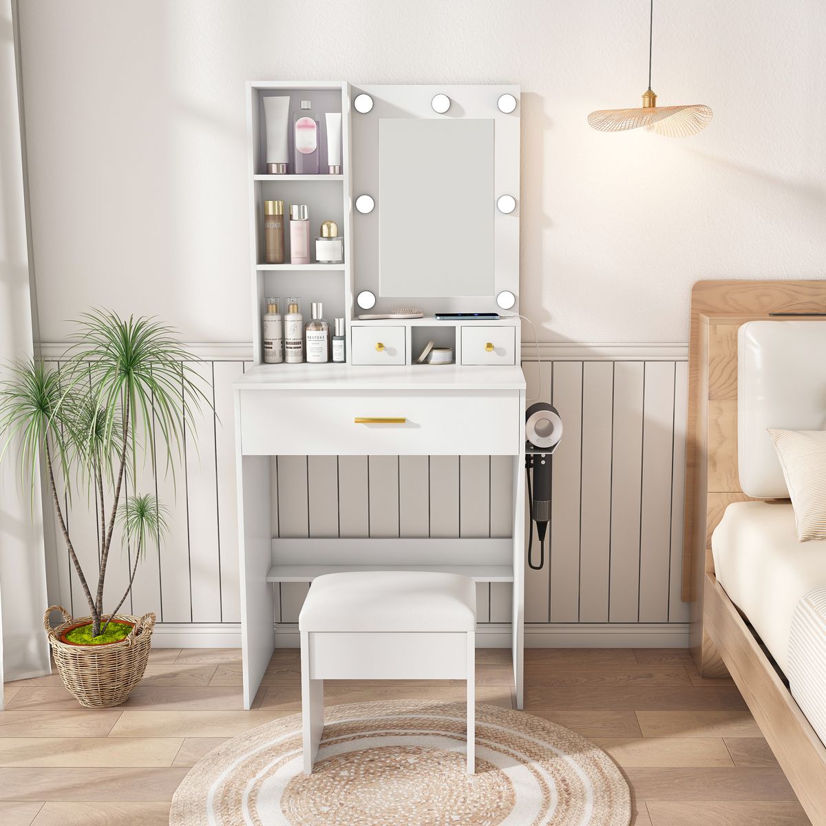 Compact LED Vanity with Outlet and Stool