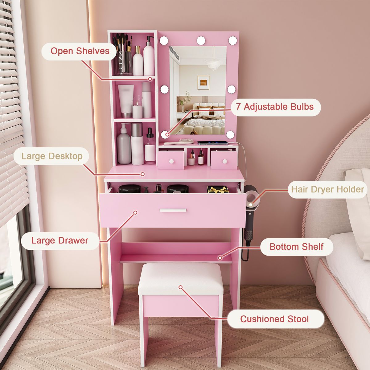 Compact Lighted Vanity with Stool — view 4