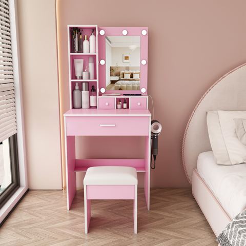 Compact Lighted Vanity with Stool