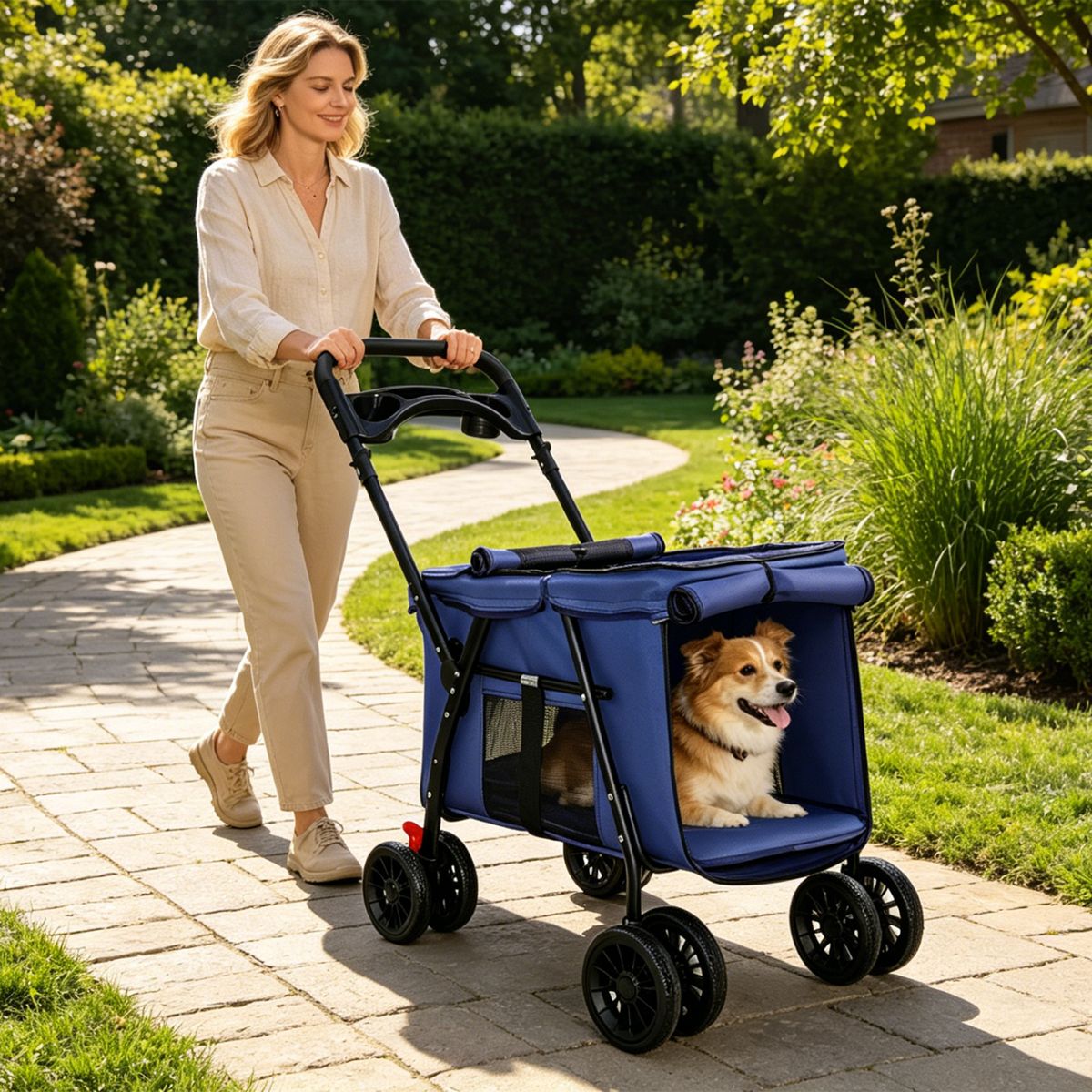 Dual-Button Fold Pet Stroller with Skylight — view 2