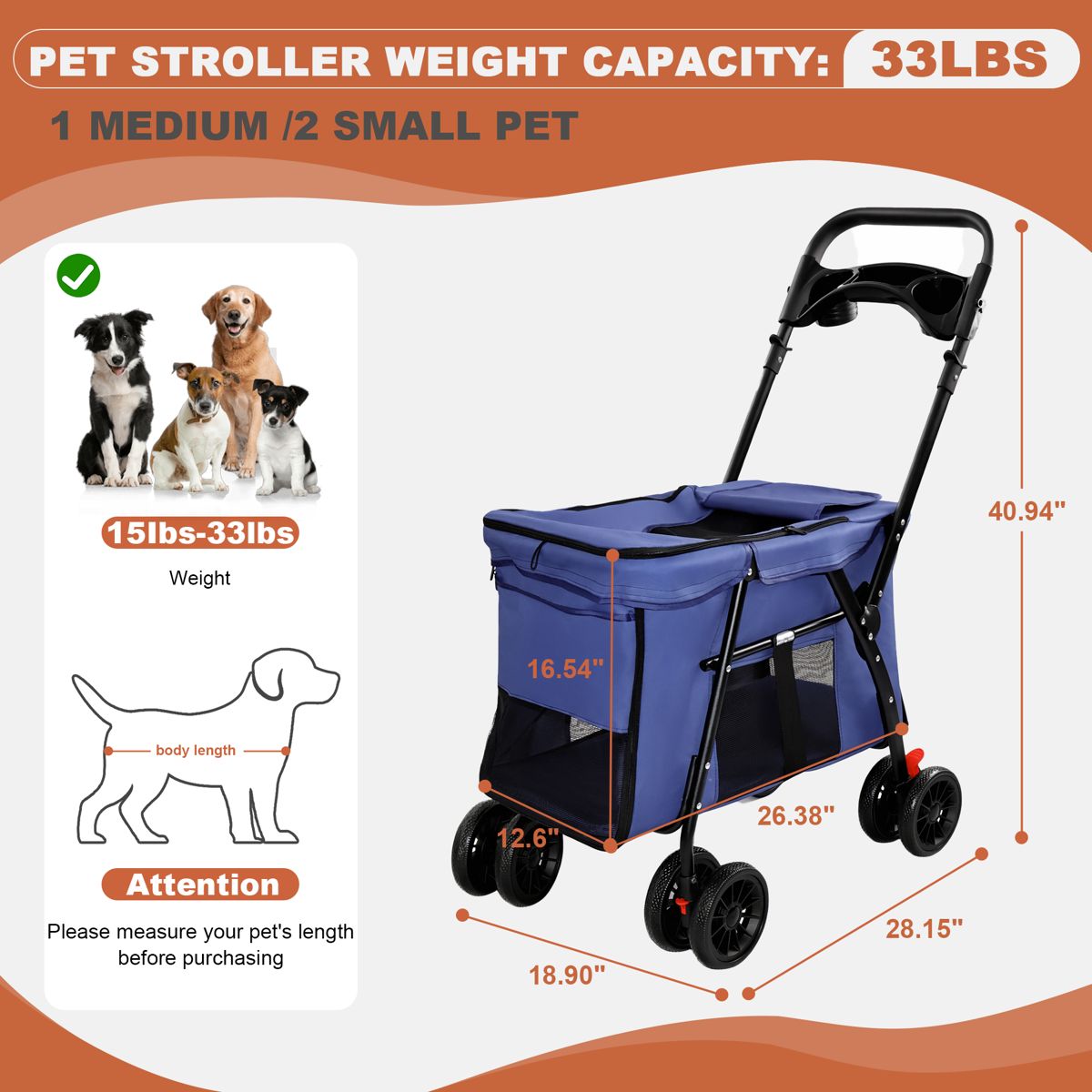 Dual-Button Fold Pet Stroller with Skylight — view 3