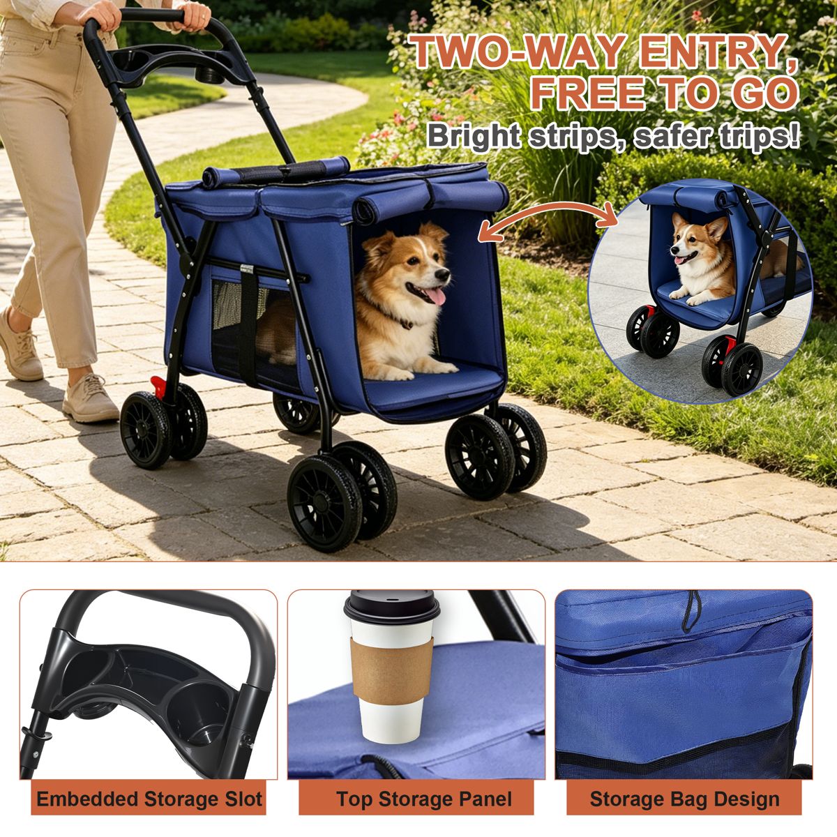 Dual-Button Fold Pet Stroller with Skylight — view 4