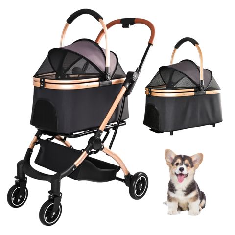 2-in-1 Pet Stroller with Detachable Carry Basket