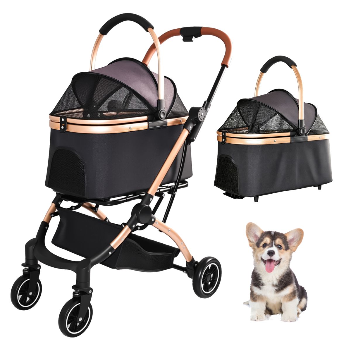 2-in-1 Pet Stroller with Detachable Carry Basket