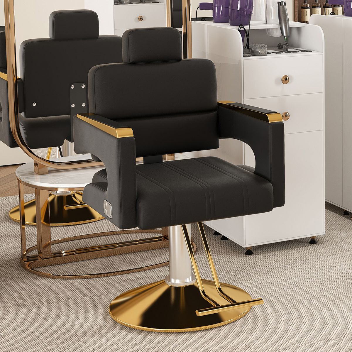 Reclining Barber Chair with Gold Round Base — view 2