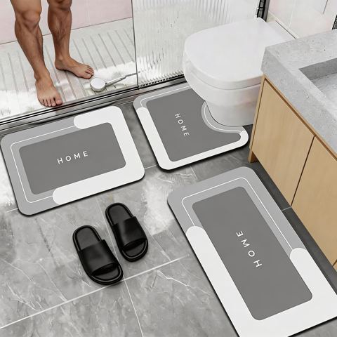 3-Piece Quick-Dry Bath Mat Set with HOME Print