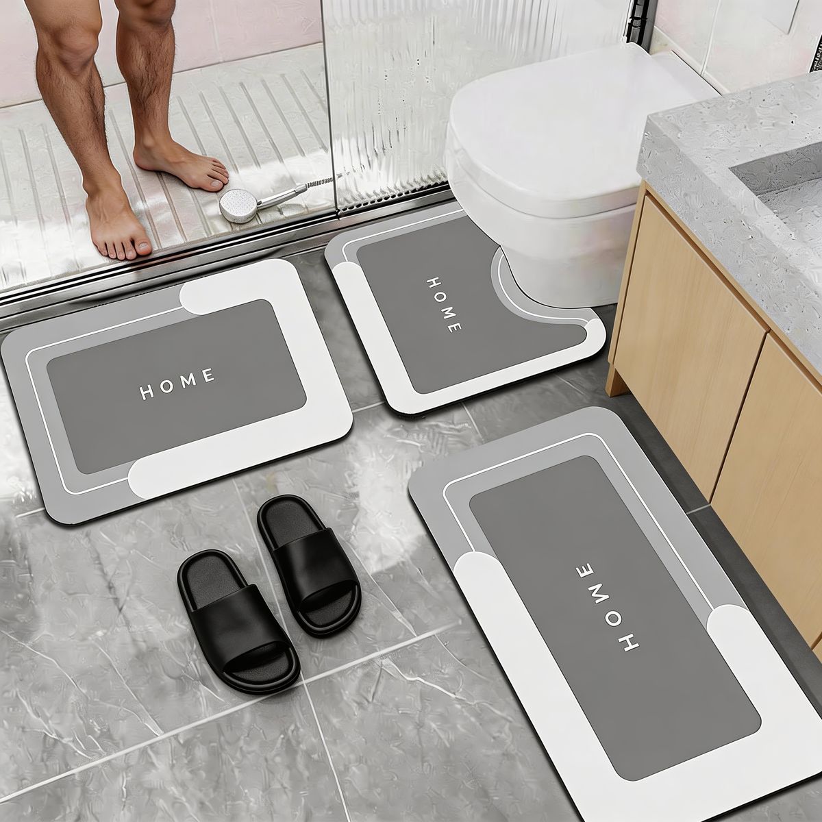 3-Piece Quick-Dry Bath Mat Set with HOME Print