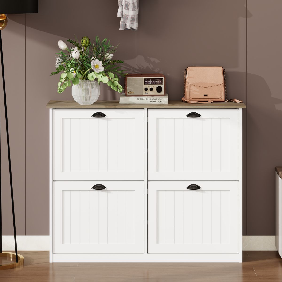 Slim Shoe Cabinet with Four Flip Drawers — view 2