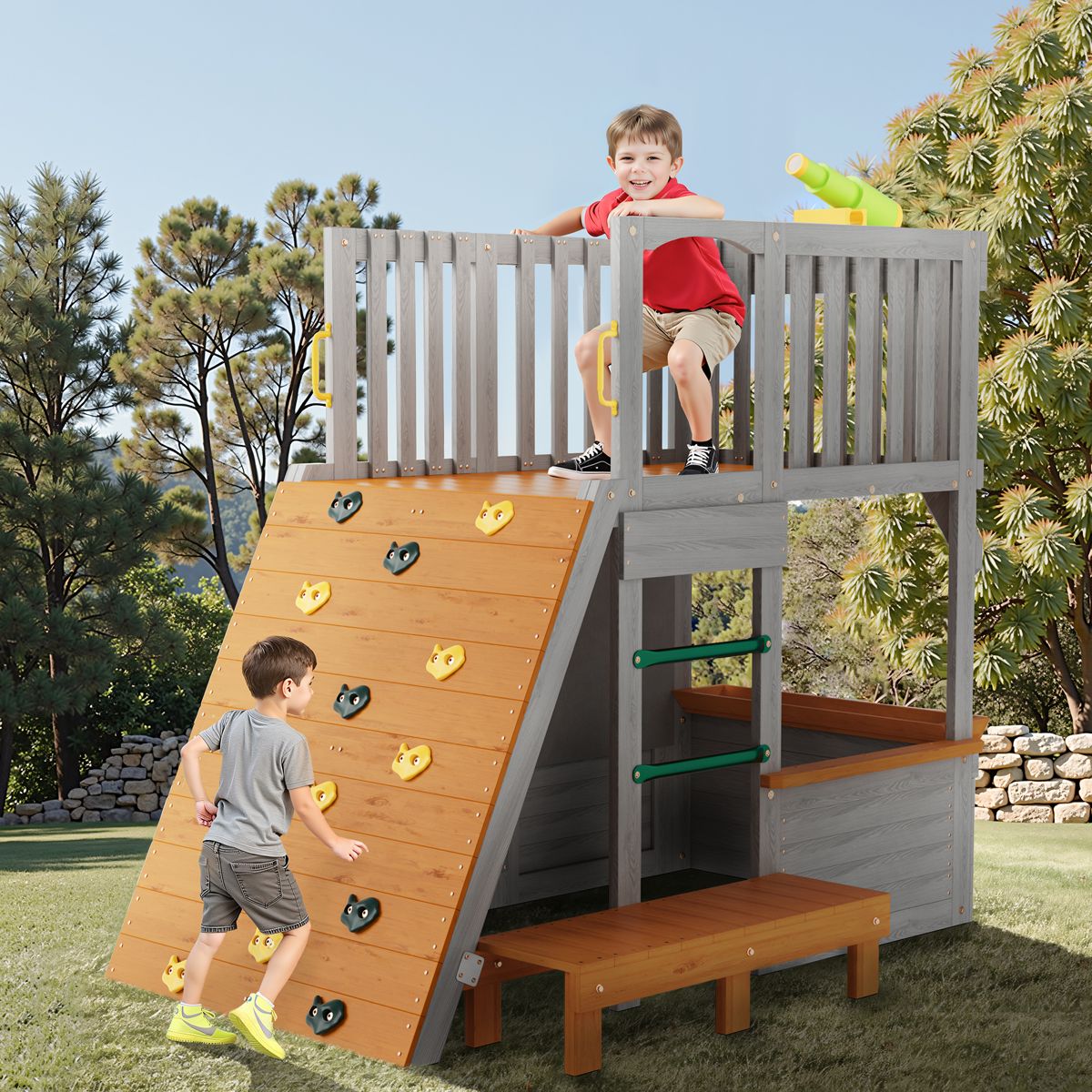 Two-Level Wooden Lookout Playhouse with Ramp