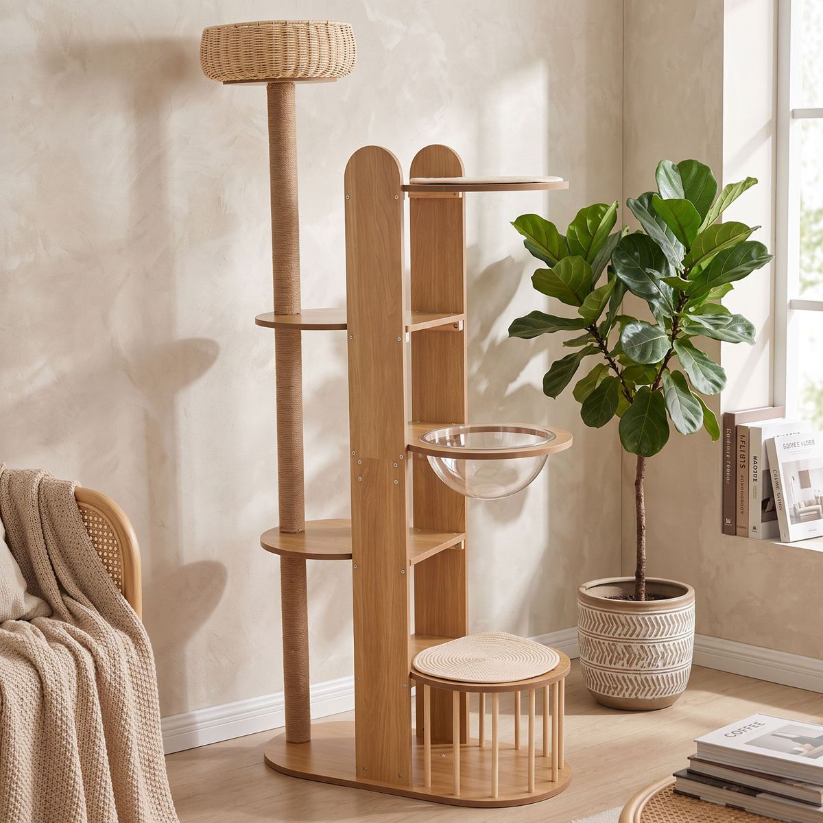 Wood-Finish Cat Tree with Rattan Top Bed — view 2