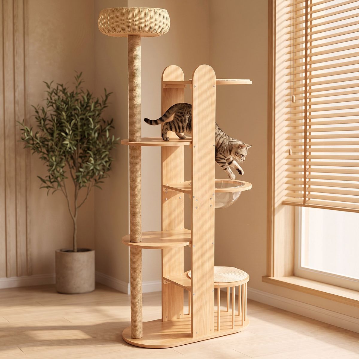 Wood-Finish Cat Tree with Rattan Top Bed — view 3