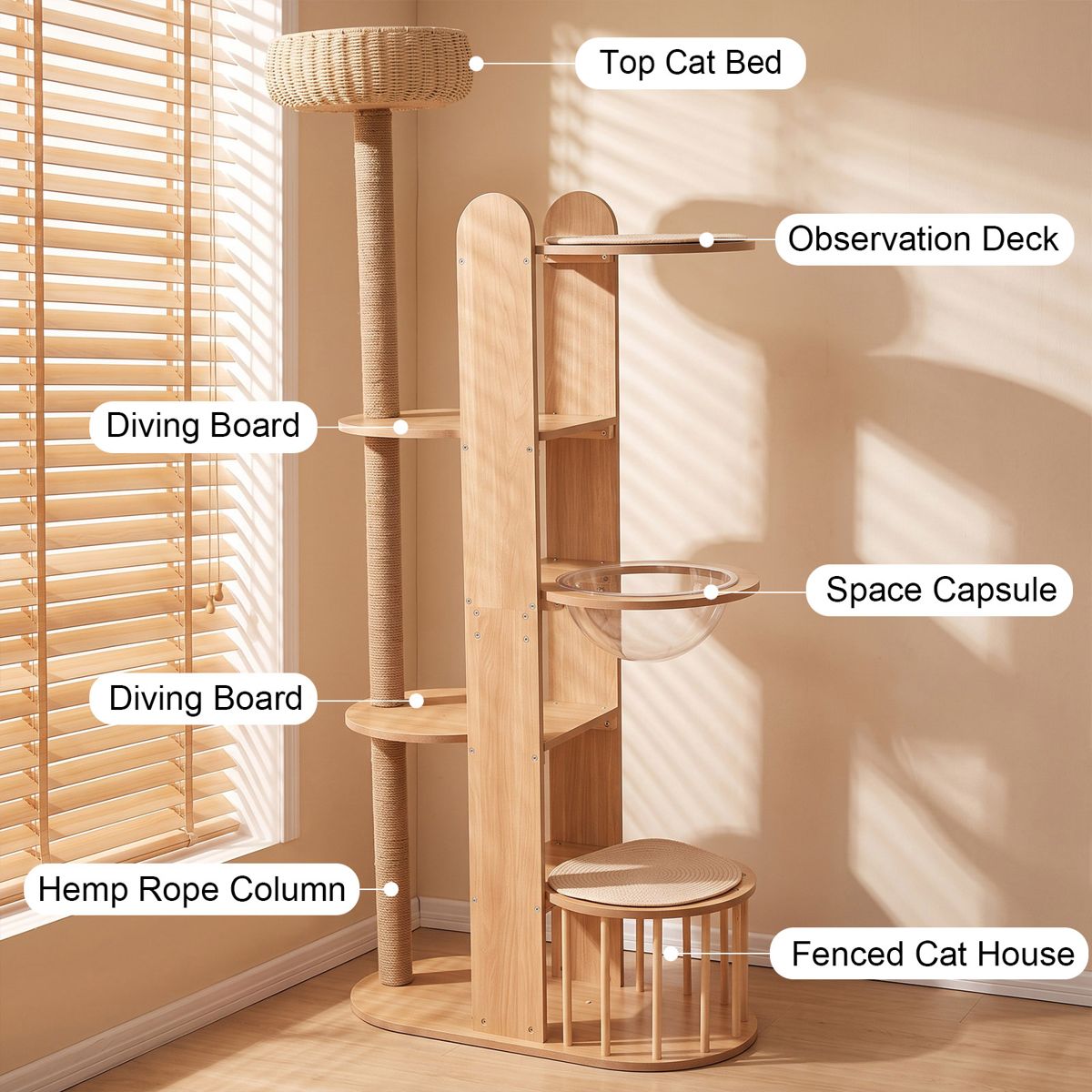 Wood-Finish Cat Tree with Rattan Top Bed — view 4