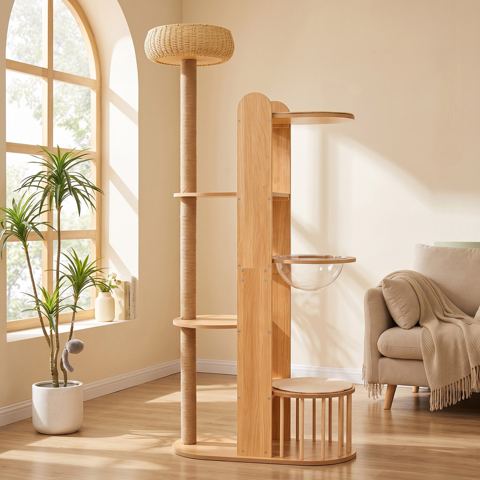 Wood-Finish Cat Tree with Rattan Top Bed