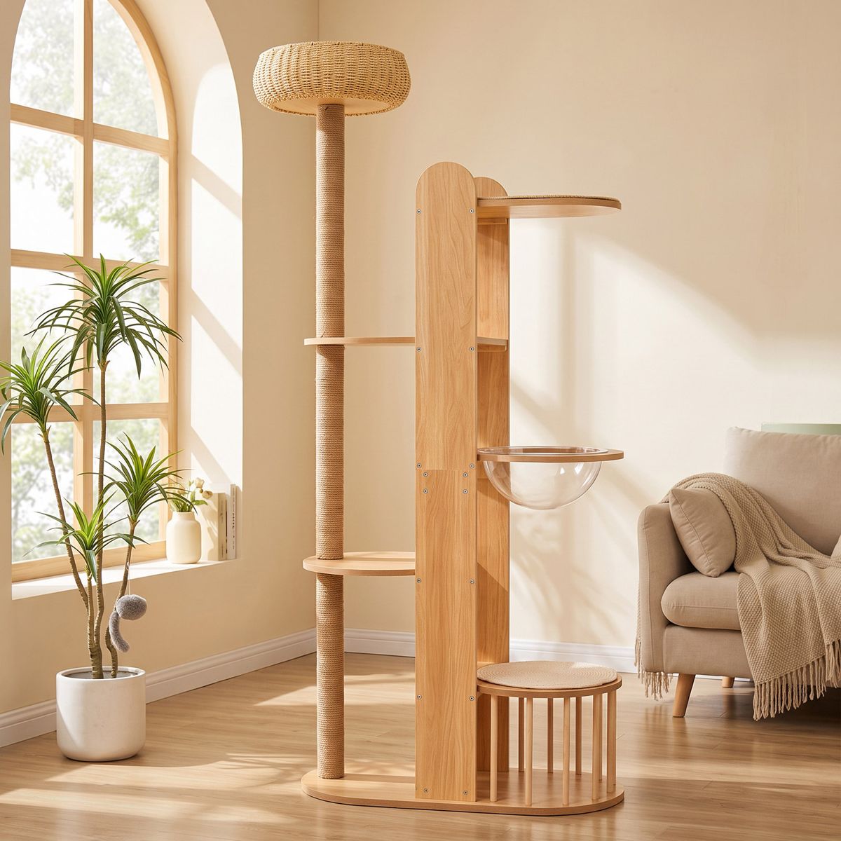 Wood-Finish Cat Tree with Rattan Top Bed