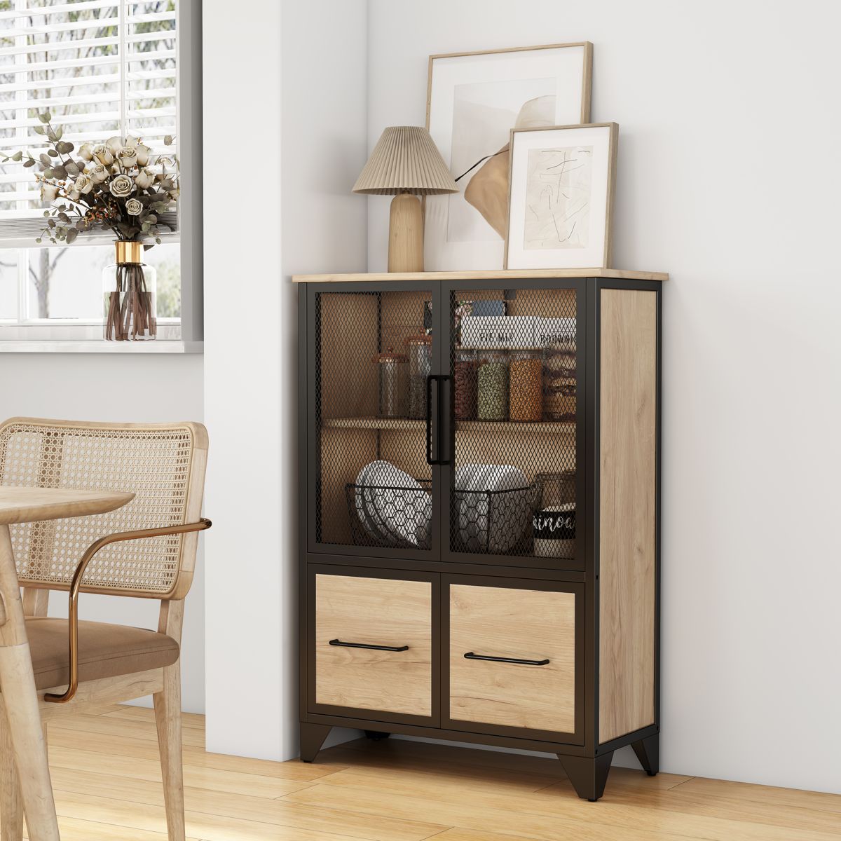 Four-Door Storage Cabinet with Metal Frame