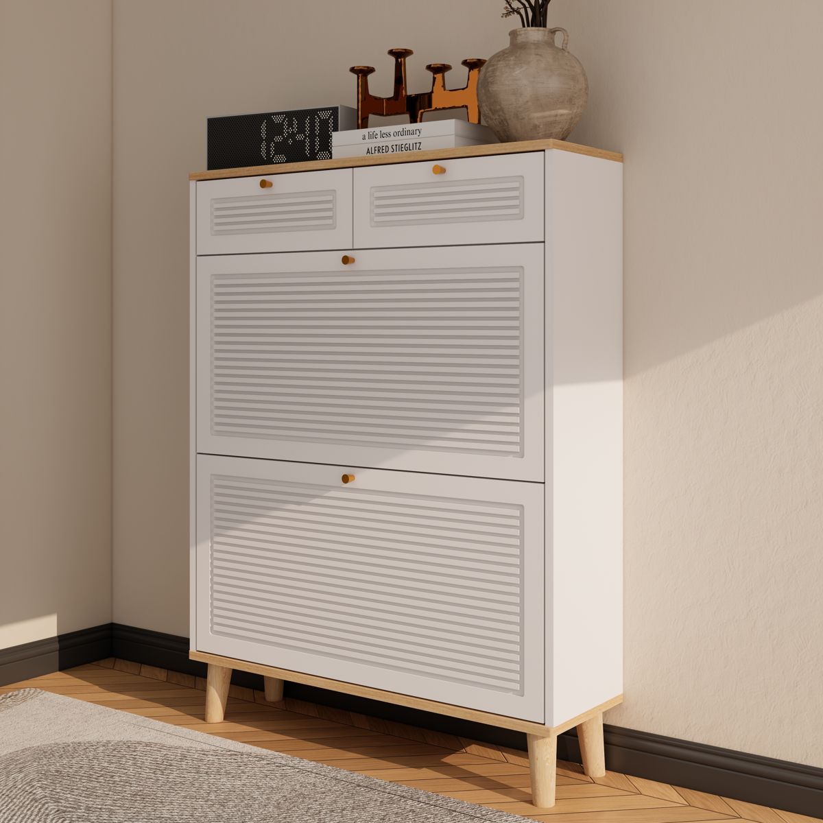 Narrow Shoe Cabinet with Flip Doors and Drawers — view 2