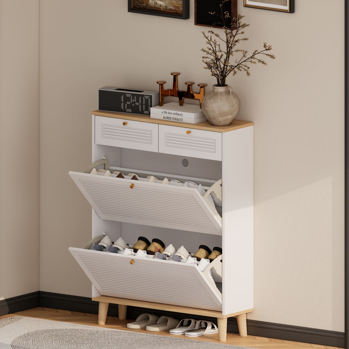 Narrow Shoe Cabinet with Flip Doors and Drawers — view 3