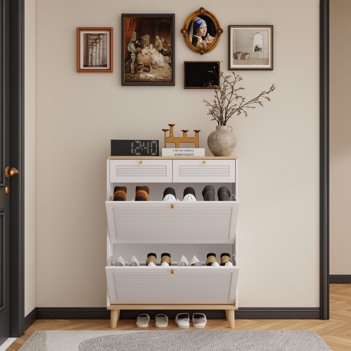 Narrow Shoe Cabinet with Flip Doors and Drawers — view 4