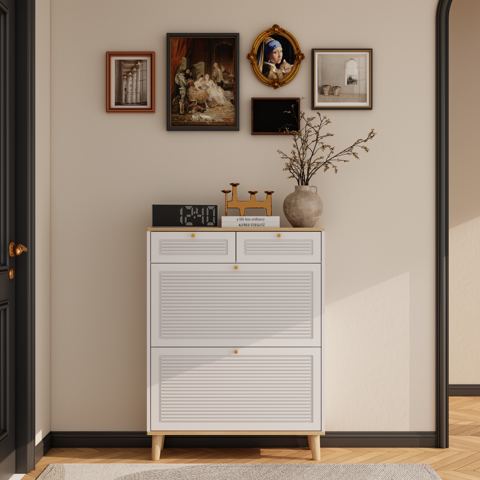 Narrow Shoe Cabinet with Flip Doors and Drawers