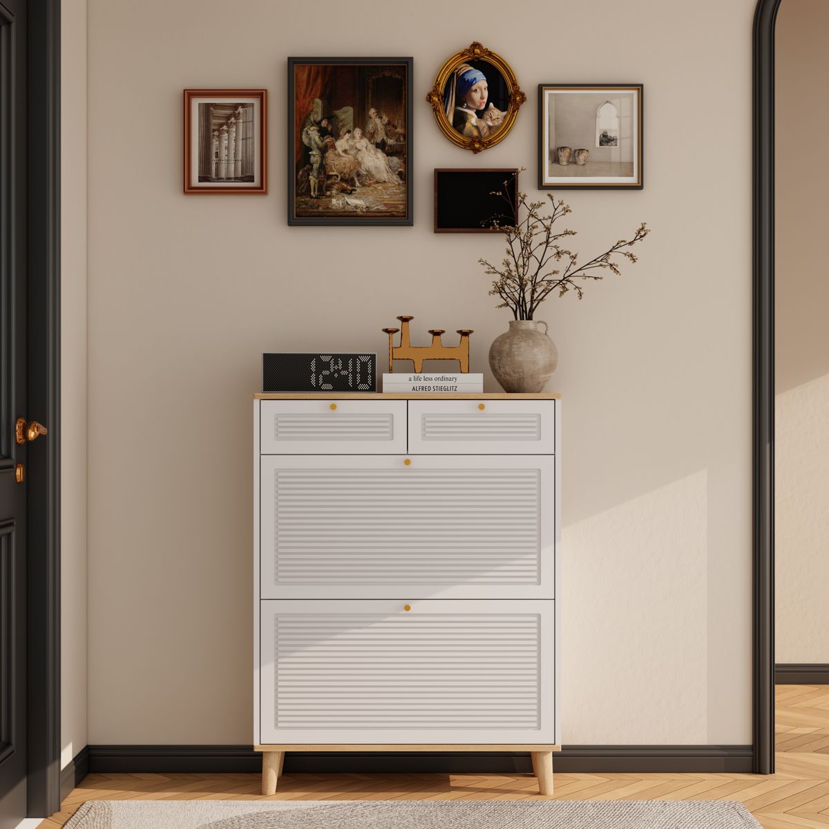 Narrow Shoe Cabinet with Flip Doors and Drawers