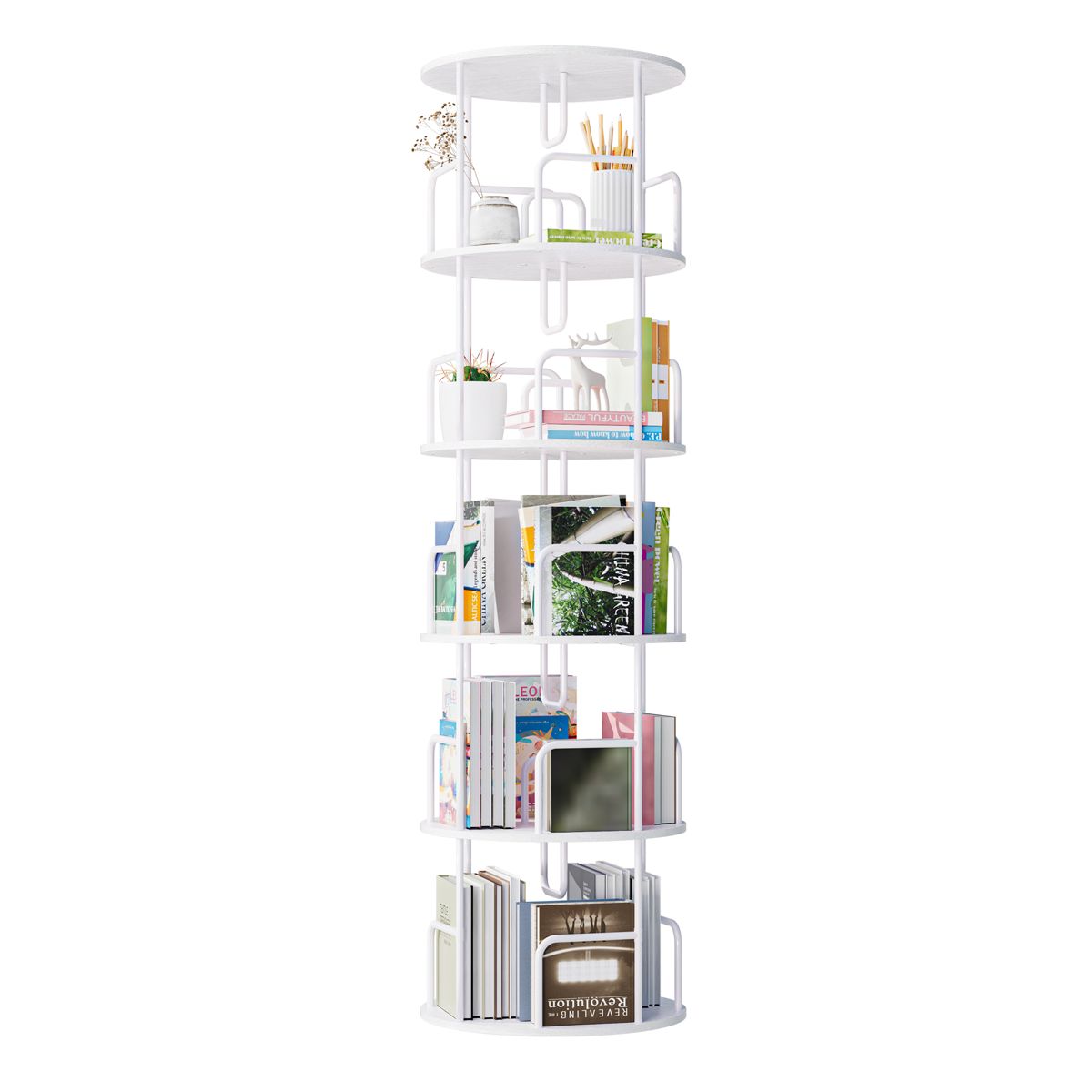 Five-Tier 360° Rotating Bookshelf Tower