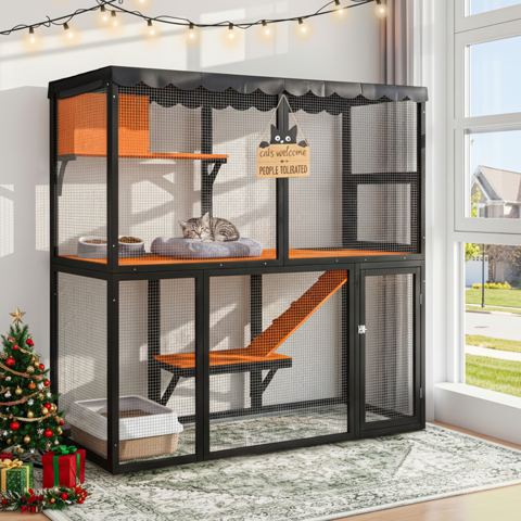 Wooden Multi-Level Catio with Ramp and Cover