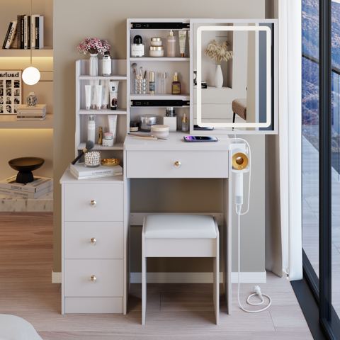 29.2-Inch Vanity Table with Sliding LED Mirror