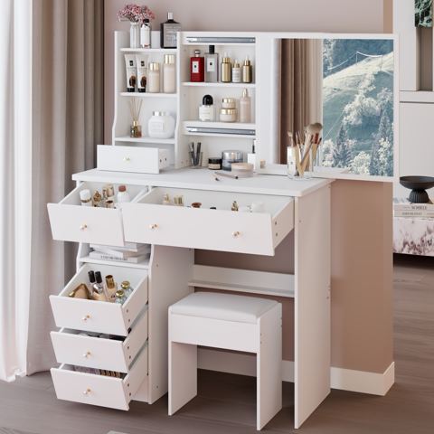 37-Inch Vanity Table with Sliding Mirror, White