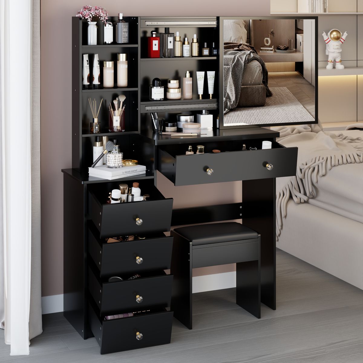37-Inch Vanity Table with Sliding Mirror, Black