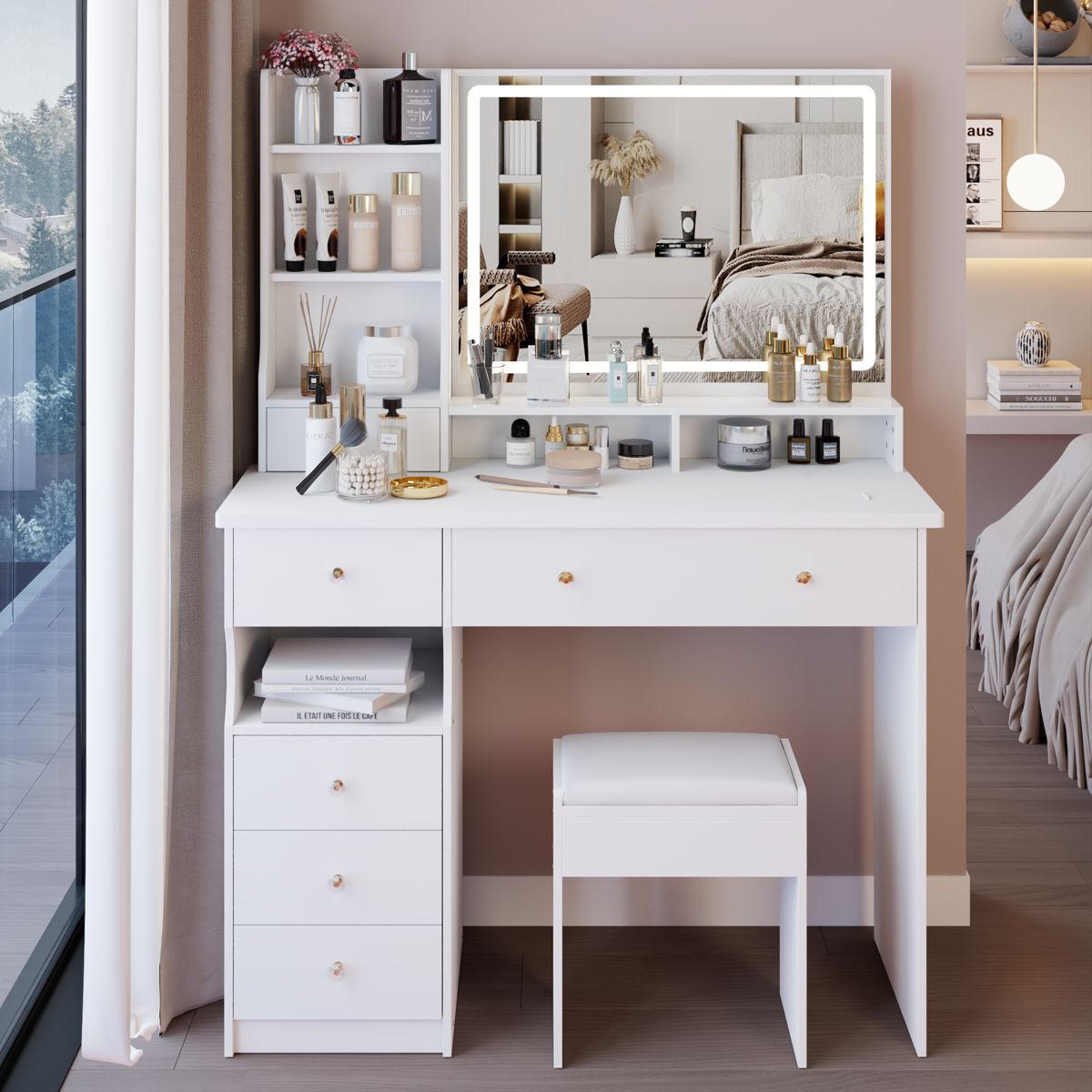 41-Inch LED Vanity Table with Cushioned Stool