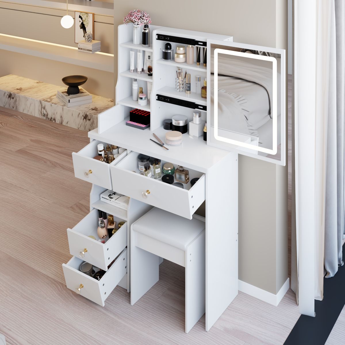 Compact 29-Inch Vanity with Sliding LED Mirror