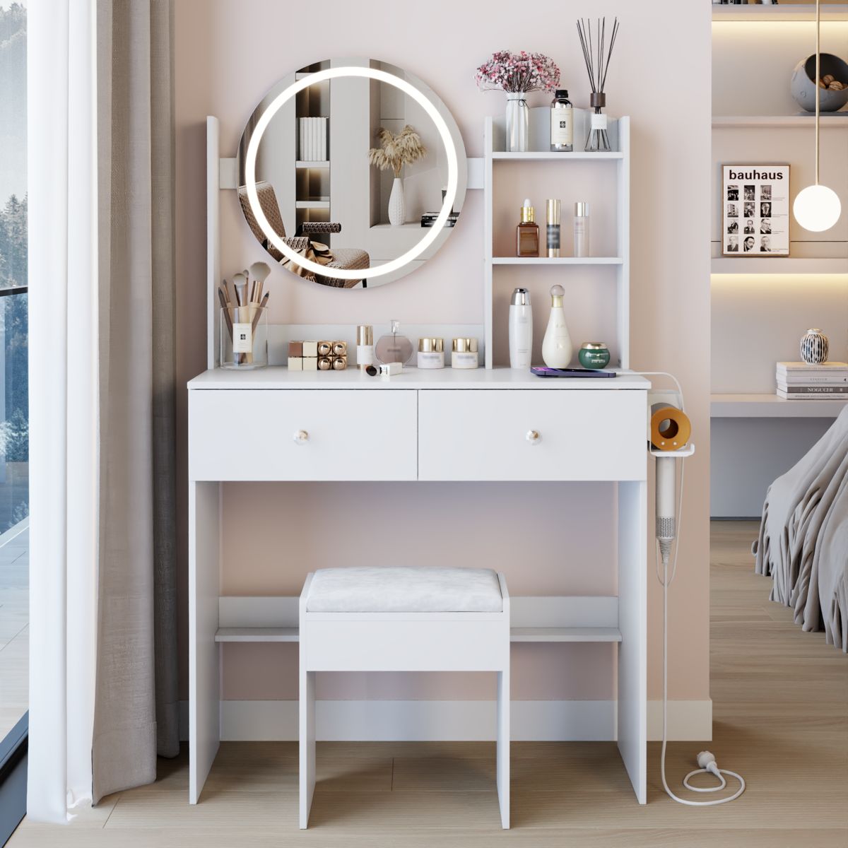 Round LED Mirror Vanity with Power Outlets