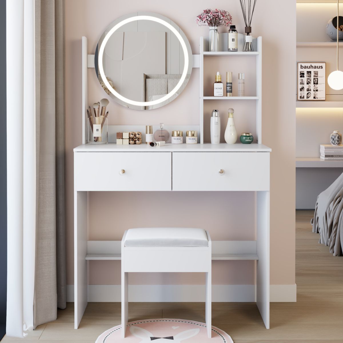 17-Inch Round LED Mirror Vanity with Stool