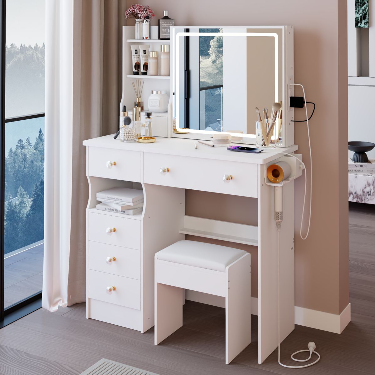 37-Inch LED Vanity with Left Drawer and Stool