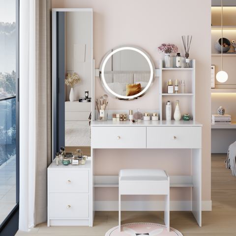 Round Mirror Vanity with Full-Length Cabinet — view 1