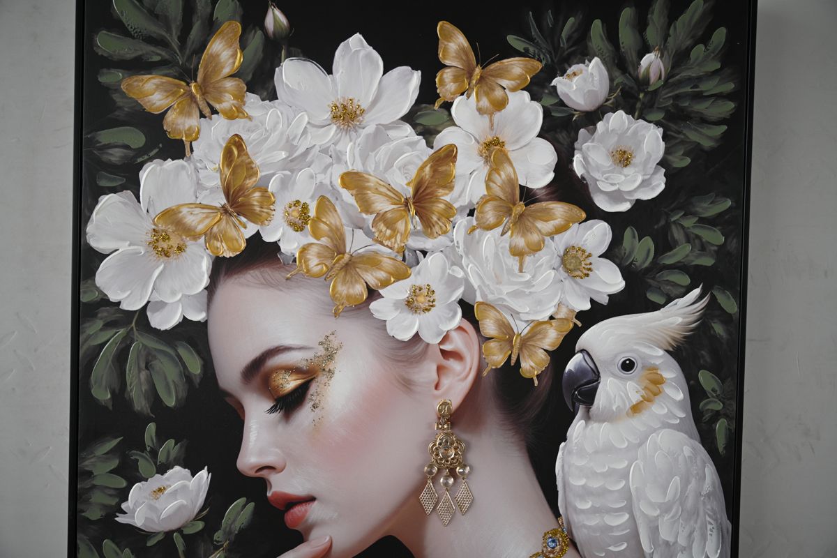 Gold and White Floral Lady Portrait Canvas — view 4