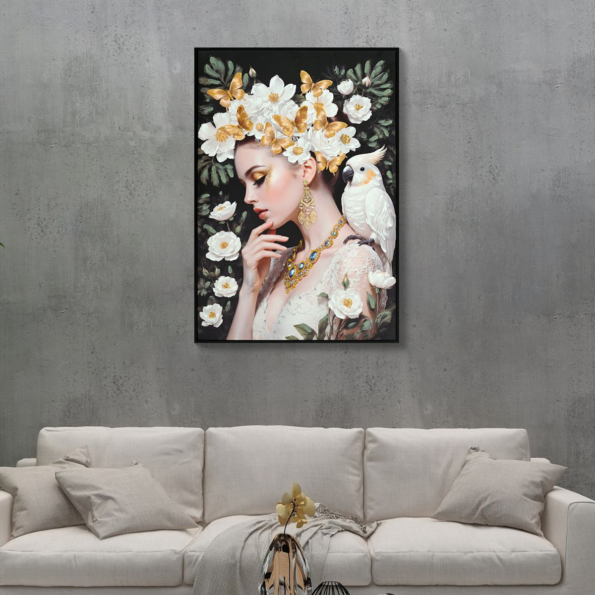 Gold and White Floral Lady Portrait Canvas