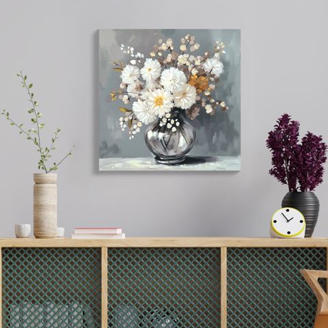 24 x 24-Inch White Chrysanthemum Canvas Wall Art