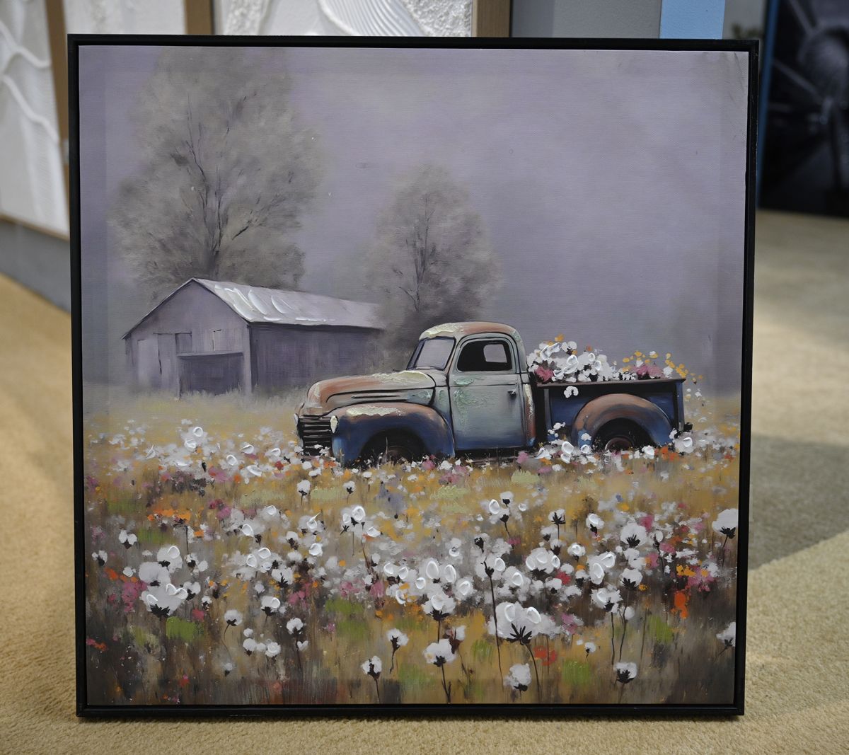 Vintage Blue Pickup Truck Floral Canvas — view 4