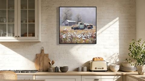 Vintage Blue Pickup Truck Floral Canvas