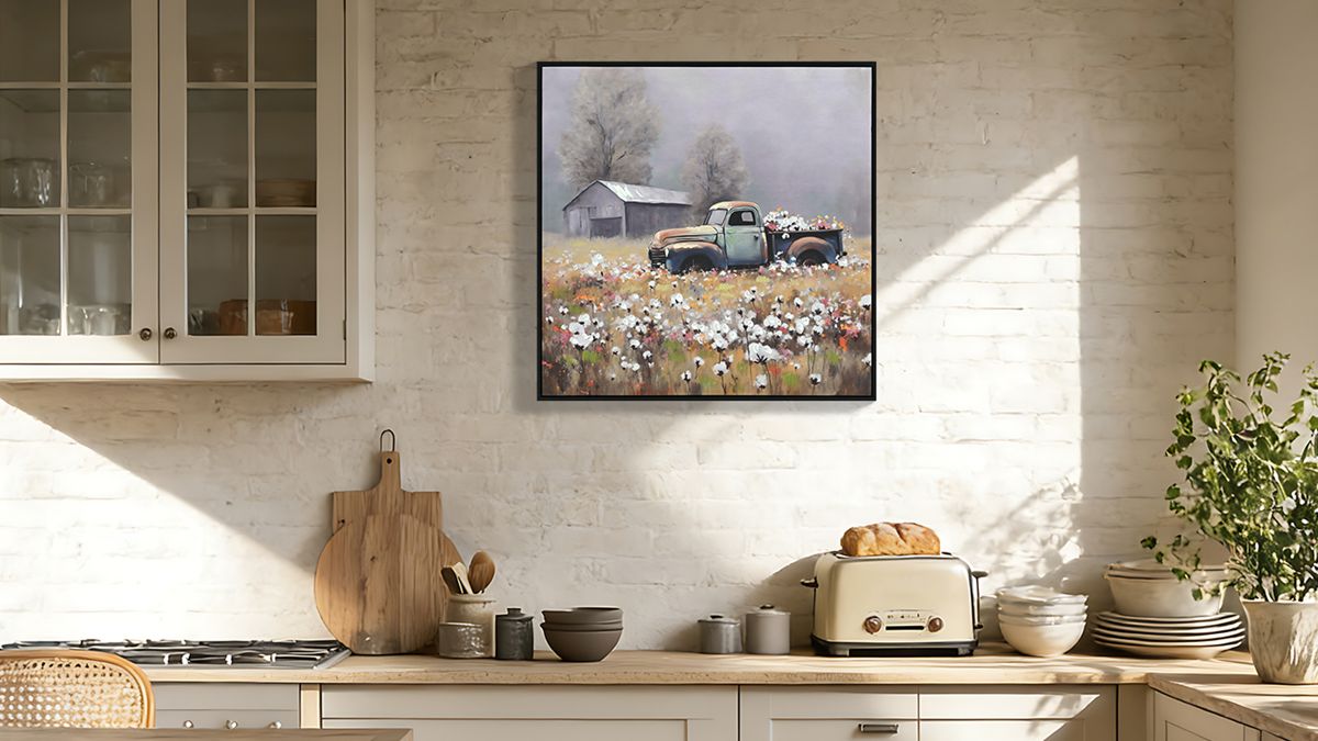 Vintage Blue Pickup Truck Floral Canvas