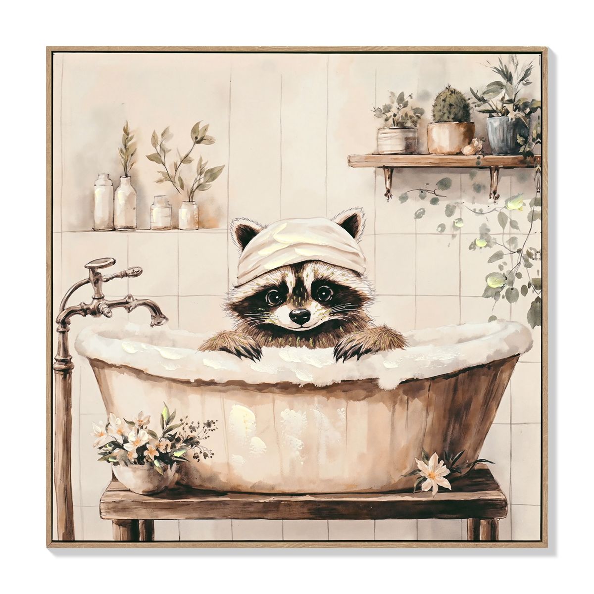 Raccoon in Bathtub Black and White Canvas — view 2