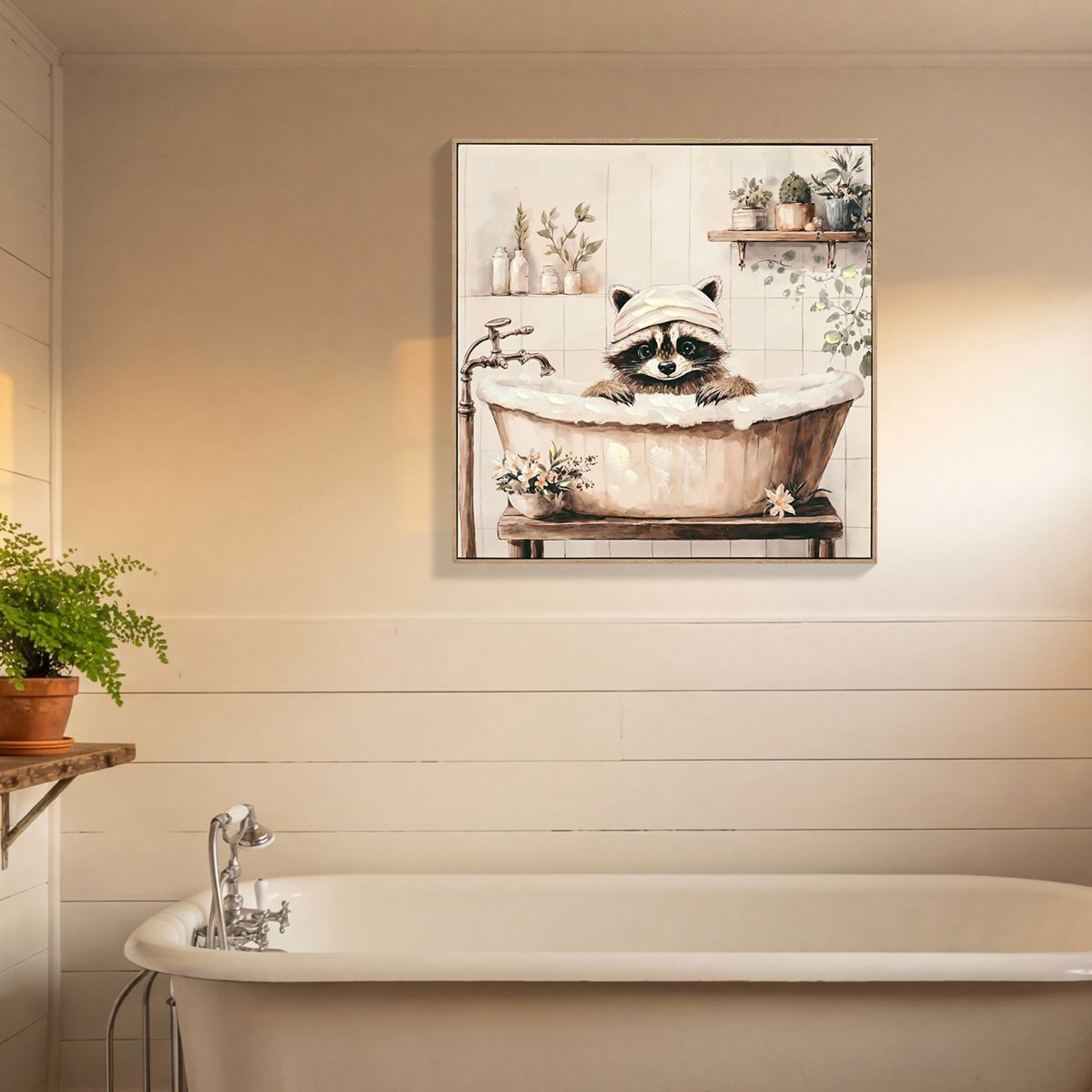 Raccoon in Bathtub Black and White Canvas