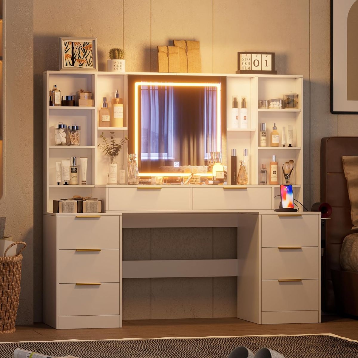 Large Lighted Vanity with 8 Drawers