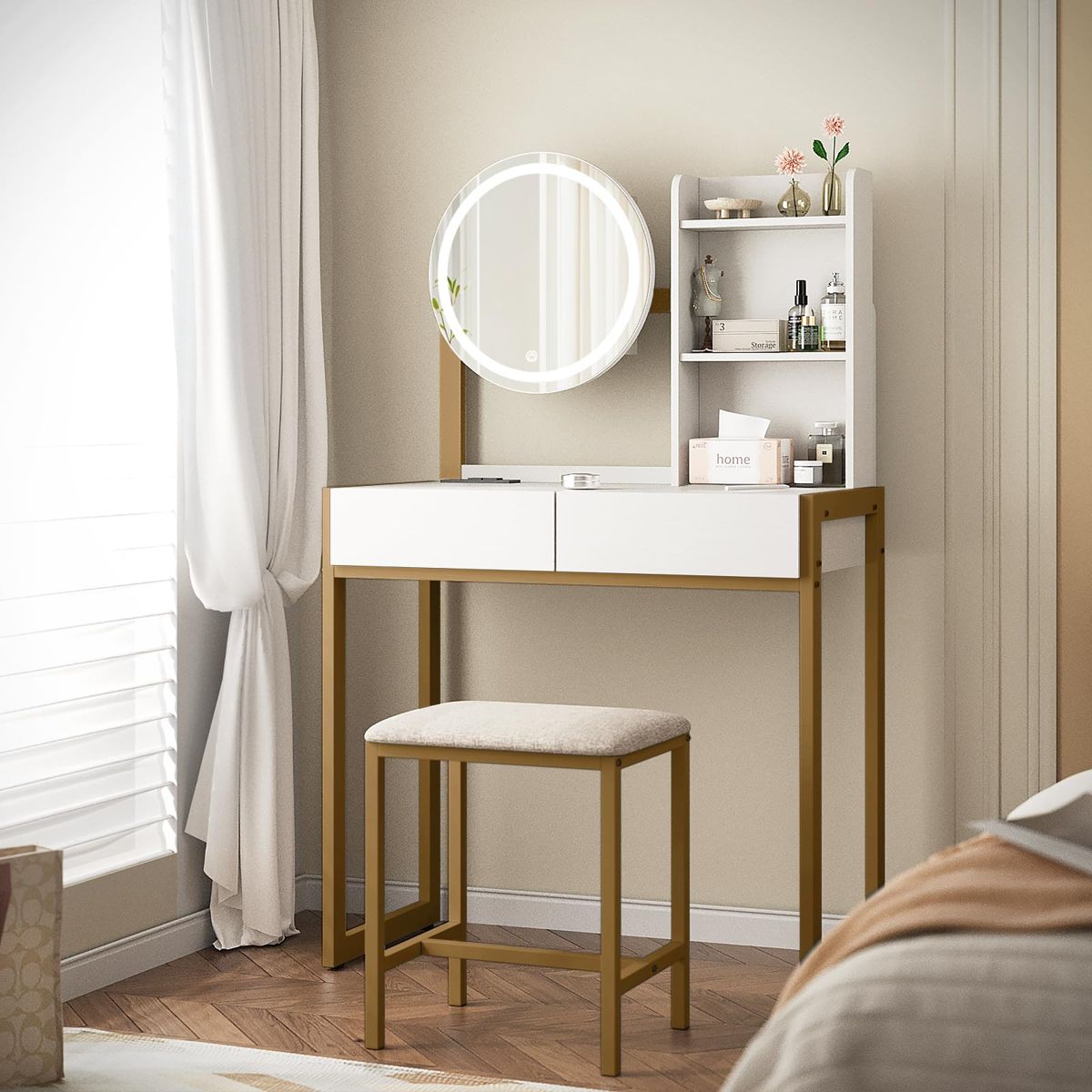 Small LED Mirror Vanity with Drawer and Shelves — view 2