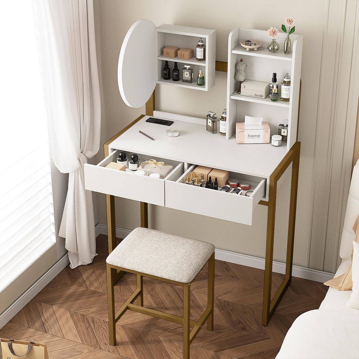 Small LED Mirror Vanity with Drawer and Shelves — view 4