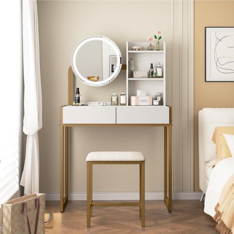 Small LED Mirror Vanity with Drawer and Shelves — view 1
