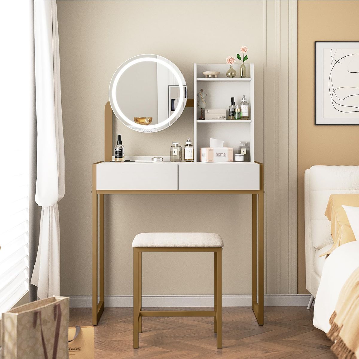 Small LED Mirror Vanity with Drawer and Shelves