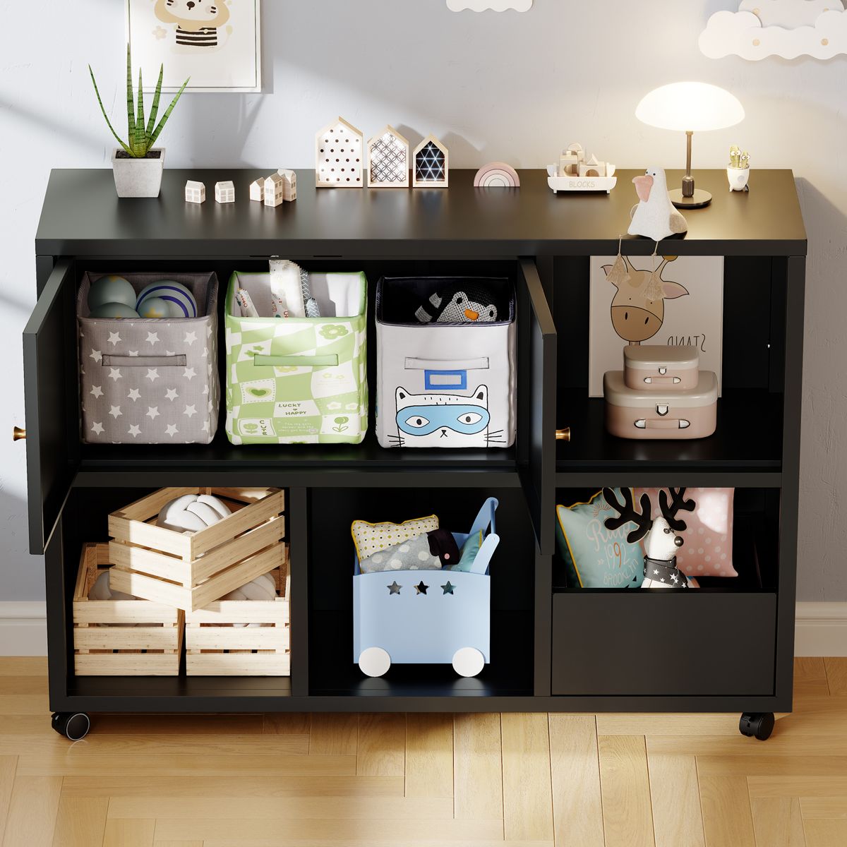 Rolling Metal Toy Cabinet with Open Cubbies — view 2