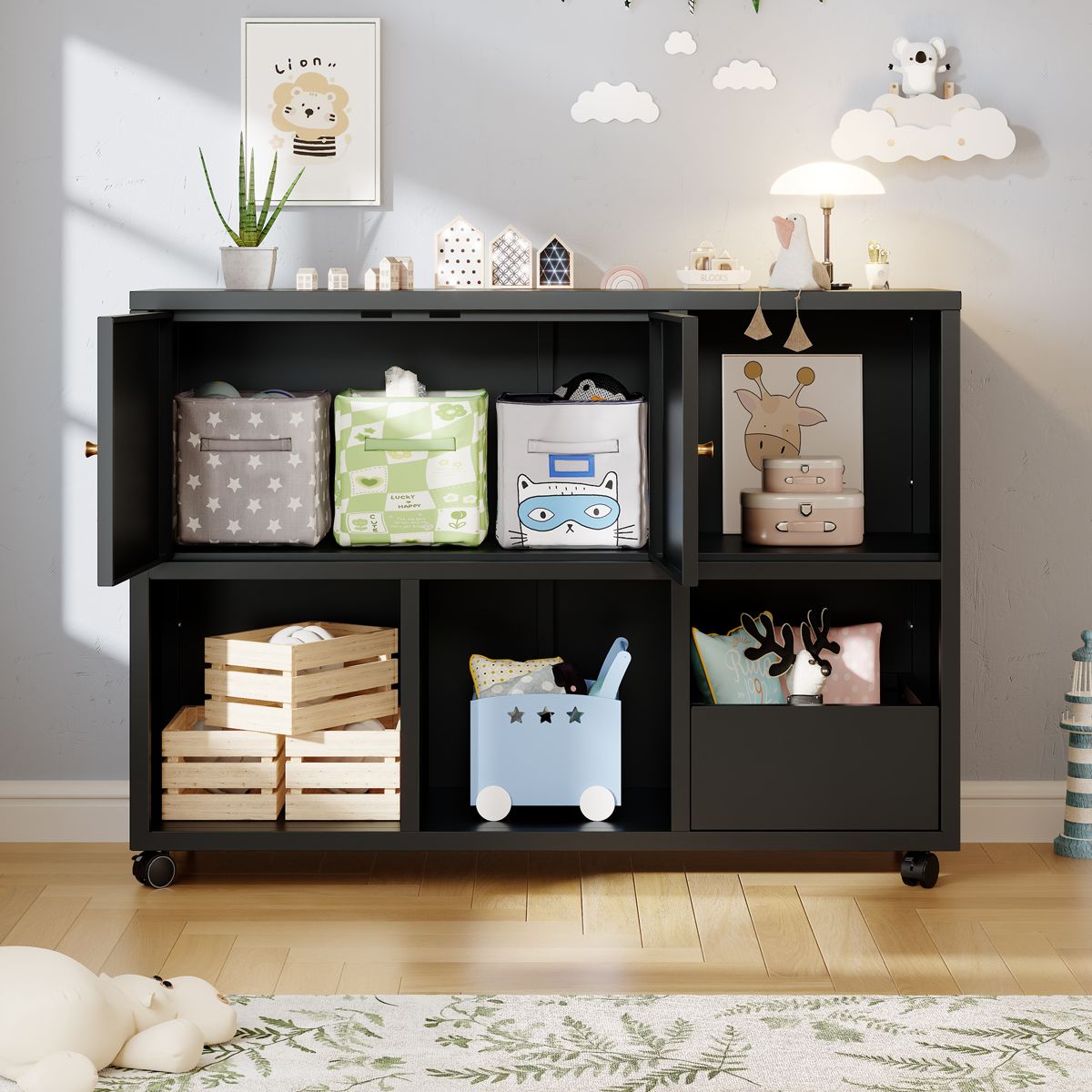 Rolling Metal Toy Cabinet with Open Cubbies — view 3